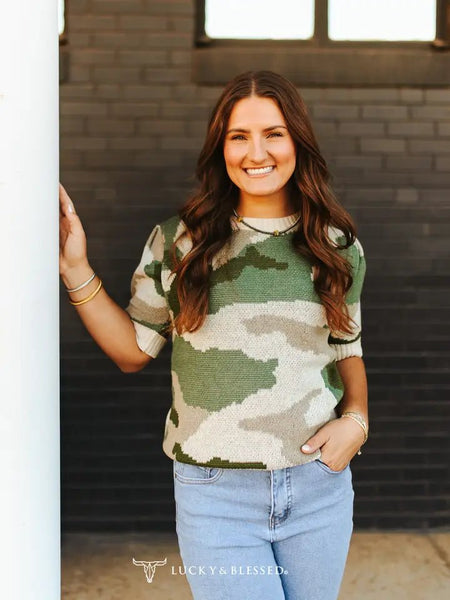 Camo Cable Knit Puff Sleeve Sweater Top - The Pointe Boutique
