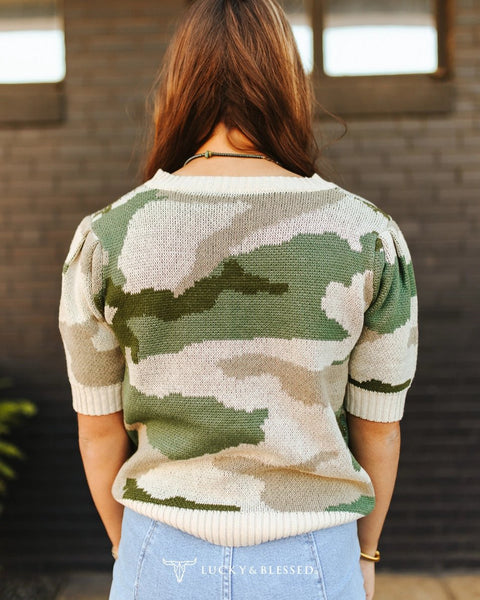 Camo Cable Knit Puff Sleeve Sweater Top - The Pointe Boutique