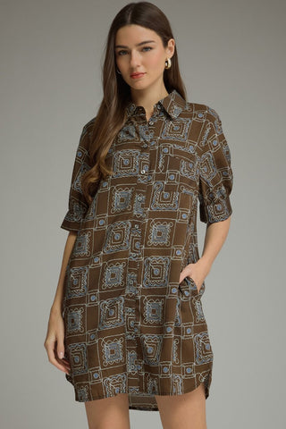 Greta Brown Bandana Print Dress – brown bandana print collared shirt dress with short sleeves