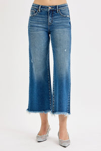 Addison Rose Jeans – medium wash wide leg cropped jeans with a raw frayed hem