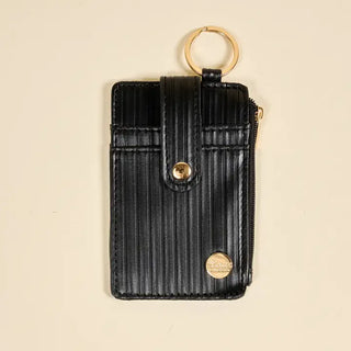Ripple Ridge Keychain Wallet–Black – black ribbed keychain wallet with gold key ring