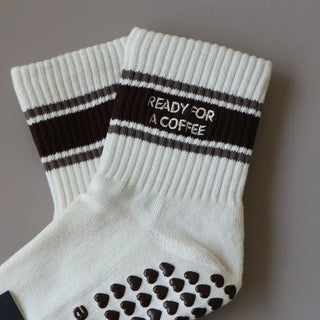 white grip socks with brown stripes and Ready for a Coffee