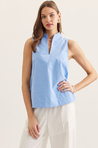 Chambray sleeveless top featuring split v - neck with stand collar - The Pointe Boutique