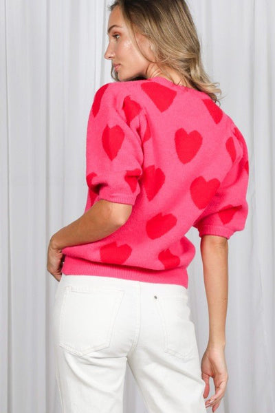 Charming Heart Embellished Crewneck Knitted Sweater - The Pointe Boutique
