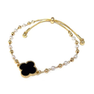 Clover Charm W/Pearl & Ccb Ball Bead Pull Tie Bracelet Black - The Pointe Boutique