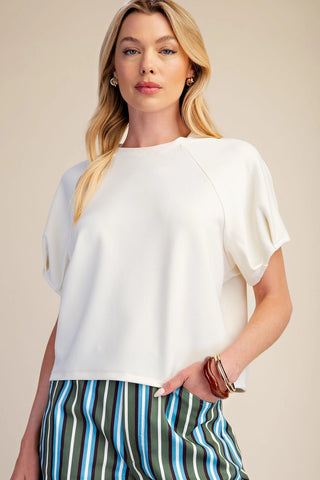 The Ruby Round Neck Pullover Top – ivory knit top, crew neck, short raglan sleeves