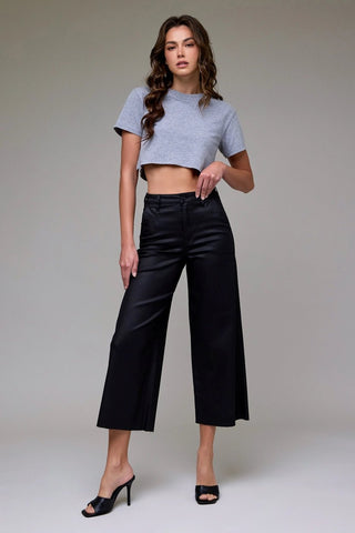 Coated Cropped Relaxed Trouser Wide Leg Black - The Pointe Boutique