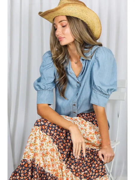 Collared Puff Sleeve 100%Tencel Chambray Denim Shirt - The Pointe Boutique