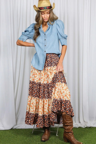 Collared Puff Sleeve 100%Tencel Chambray Denim Shirt - The Pointe Boutique