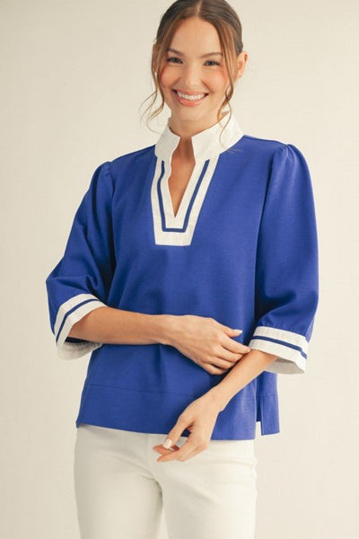 Color Contrast Accent Standing Neck Solid Royal Top - The Pointe Boutique