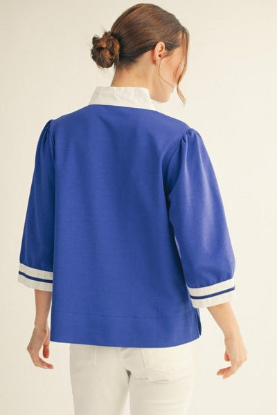 Color Contrast Accent Standing Neck Solid Royal Top - The Pointe Boutique