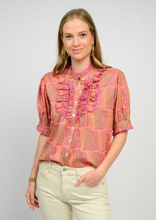 Coral Pink Eyelet Paisley Ruffle Blouse - The Pointe Boutique