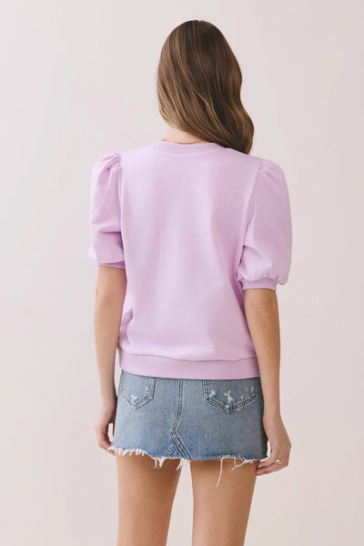 Crew Neck Short Puff Sleeves Knit Top - Lavender - The Pointe Boutique