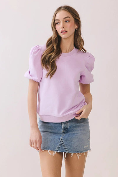 Crew Neck Short Puff Sleeves Knit Top - Lavender - The Pointe Boutique