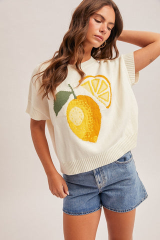 Crewneck Short Sleeve Lemon Sweater - The Pointe Boutique