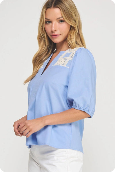 Crochet Detail Linen Blouse Chambray - The Pointe Boutique