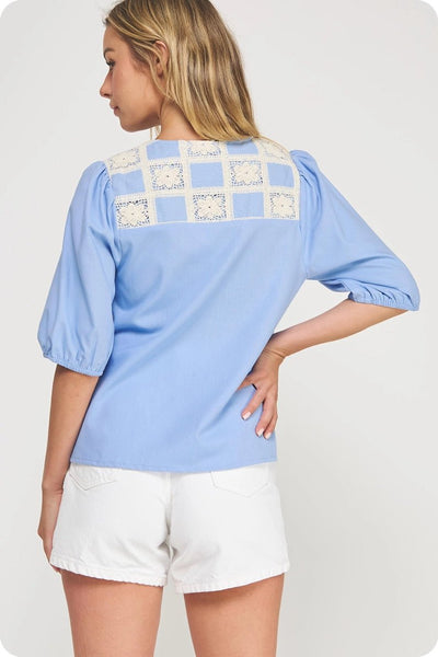 Crochet Detail Linen Blouse Chambray - The Pointe Boutique