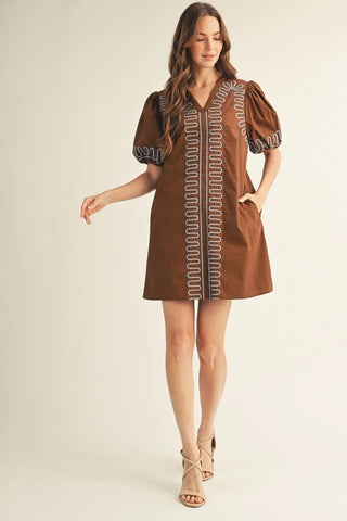 The Oakley Brown Dress – brown mini dress with striped placket and puff sleeves