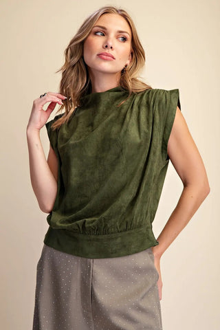 The Anne Lou High Neck Sleeveless Top – olive green suede-look sleeveless top, mock neck, banded hem