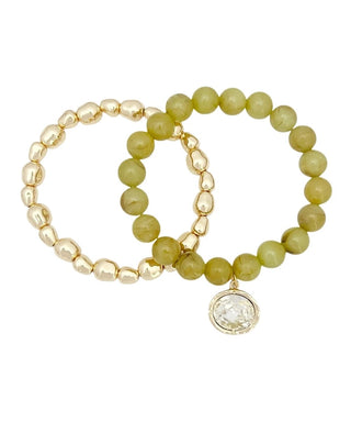 gold chain and olive bead two-row bracelet with pearl charm