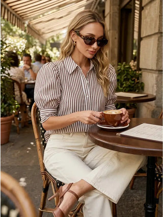 Jackie Brown Striped Button Down Top – brown and white pinstripe button-down with long sleeves