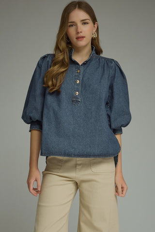 The Alice Blake Dark Denim Puff Sleeve Top – denim blue chambray top, split neck with buttons, puff 3/4 sleeves