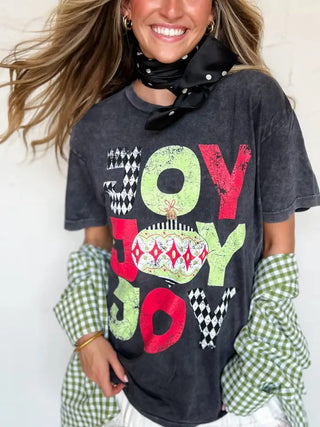 Joy Stacked Tee - charcoal Christmas graphic tee