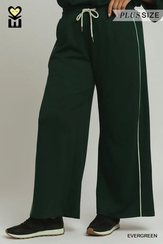 LuxeKnit Contrast Piping Wide Leg Pants - Evergreen - The Pointe Boutique
