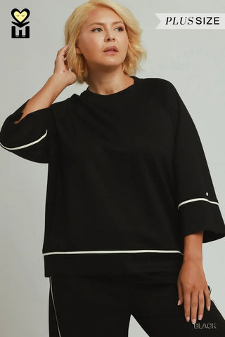 LuxeKnit Raglan Sleeve Contrast Piping Pullover - Black - The Pointe Boutique