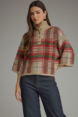 taupe red and green plaid sweater with mock neck and 3/4 sleeves