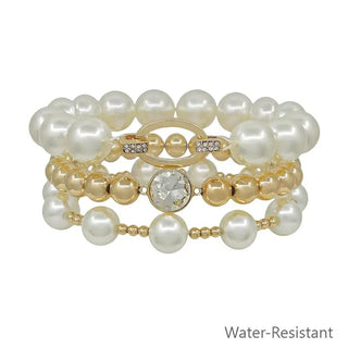 set of 3 oval pave and 12mm pearl stretch bracelets water resistant