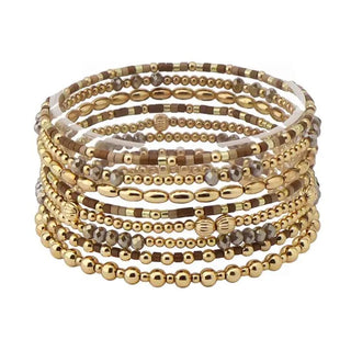 brown sead bead and gold beaded set of 9 stretch bracelet
