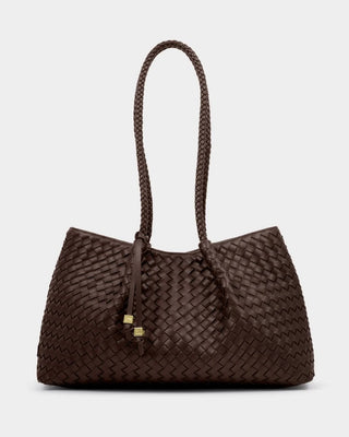 Chocolate brown woven small shoulder tote with braided straps