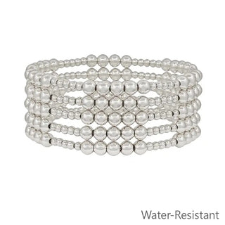 set of 5 5mm & 3mm beaded silver stretch bracelet water resistant
