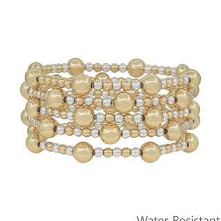 set of 5 8mm & 4mm gold and silver beaded stretch bracelets water resistant
