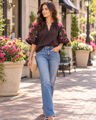 Archer Corduroy Flower Embroidery Top – dark brown corduroy split-neck top with pink floral embroidered puff sleeves