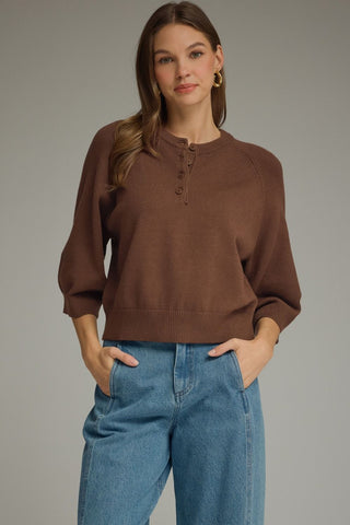 Arabella Claire Top – brown henley knit sweater with a button placket