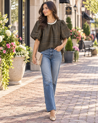 Allison Zebra Print Top – dark olive tonal zebra print top with puff sleeves and a contrast neckline trim