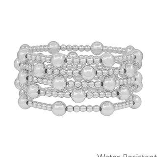 set of 5 8mm & 4mm silver beaded stretch bracelets water resistant