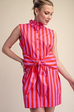 Addison Beth Mini Dress – pink and red stripe sleeveless mini dress with a ruffle collar and tie waist