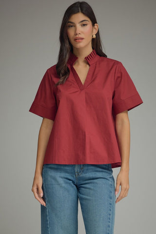 Ainsley Burgundy V Neck Ruffle Collar Top – burgundy split-neck top with short sleeves in a crisp poplin