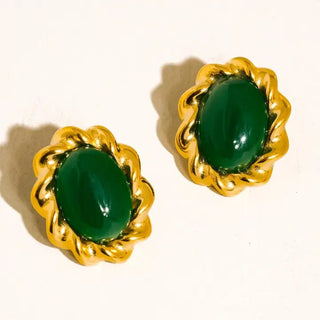Eulie Green 18K Gold Non - Tarnish Vintage Stone Oval Earring - The Pointe Boutique