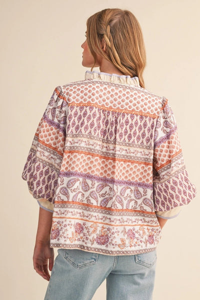 Exc Print Bubble Sleeve V Neck Sand - The Pointe Boutique