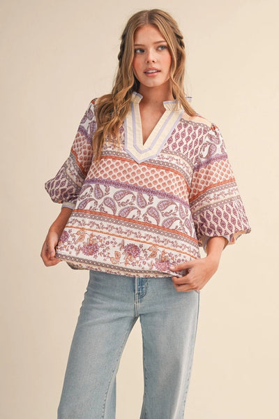 Exc Print Bubble Sleeve V Neck Sand - The Pointe Boutique