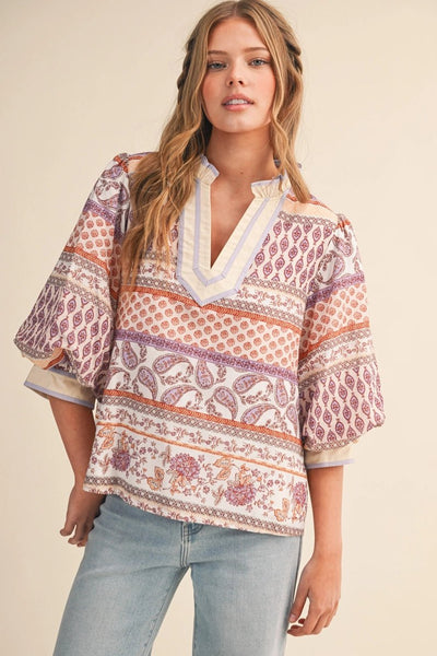 Exc Print Bubble Sleeve V Neck Sand - The Pointe Boutique