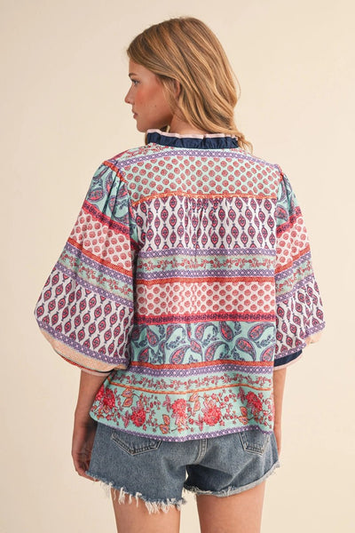 Exclusive Print Bubble Sleeve V - Neck Top Turquoise Multi - The Pointe Boutique