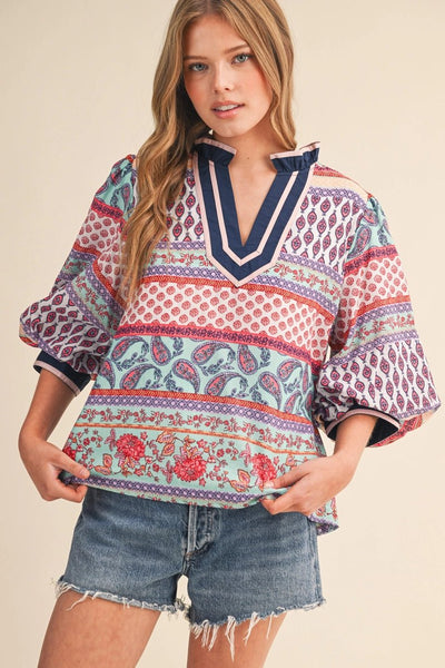 Exclusive Print Bubble Sleeve V - Neck Top Turquoise Multi - The Pointe Boutique