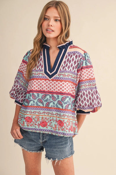 Exclusive Print Bubble Sleeve V - Neck Top Turquoise Multi - The Pointe Boutique
