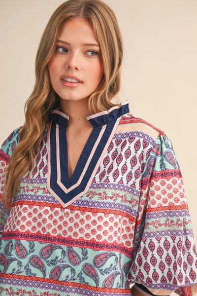 Exclusive Print Bubble Sleeve V - Neck Top Turquoise Multi - The Pointe Boutique
