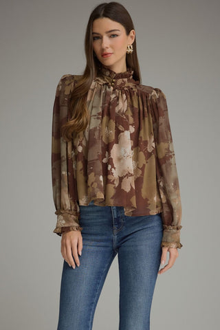 The Addison Wren Brown Floral Long Sleeve Ruffle Collar Top – brown floral chiffon blouse, ruffle mock neck, long sleeves with ruffle cuffs